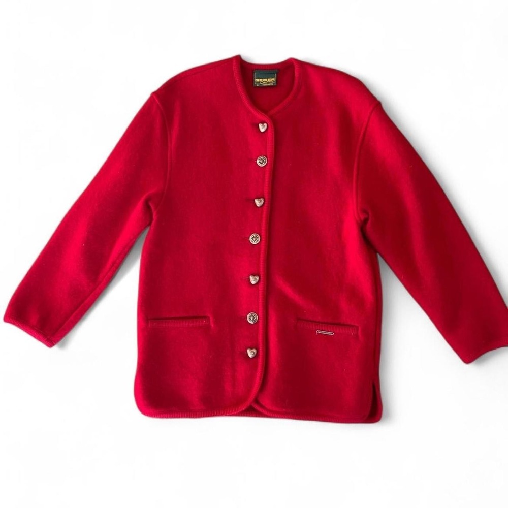 Vintage GEIGER Tyrol Red Wool Cardigan Metal Buttons S 36‎